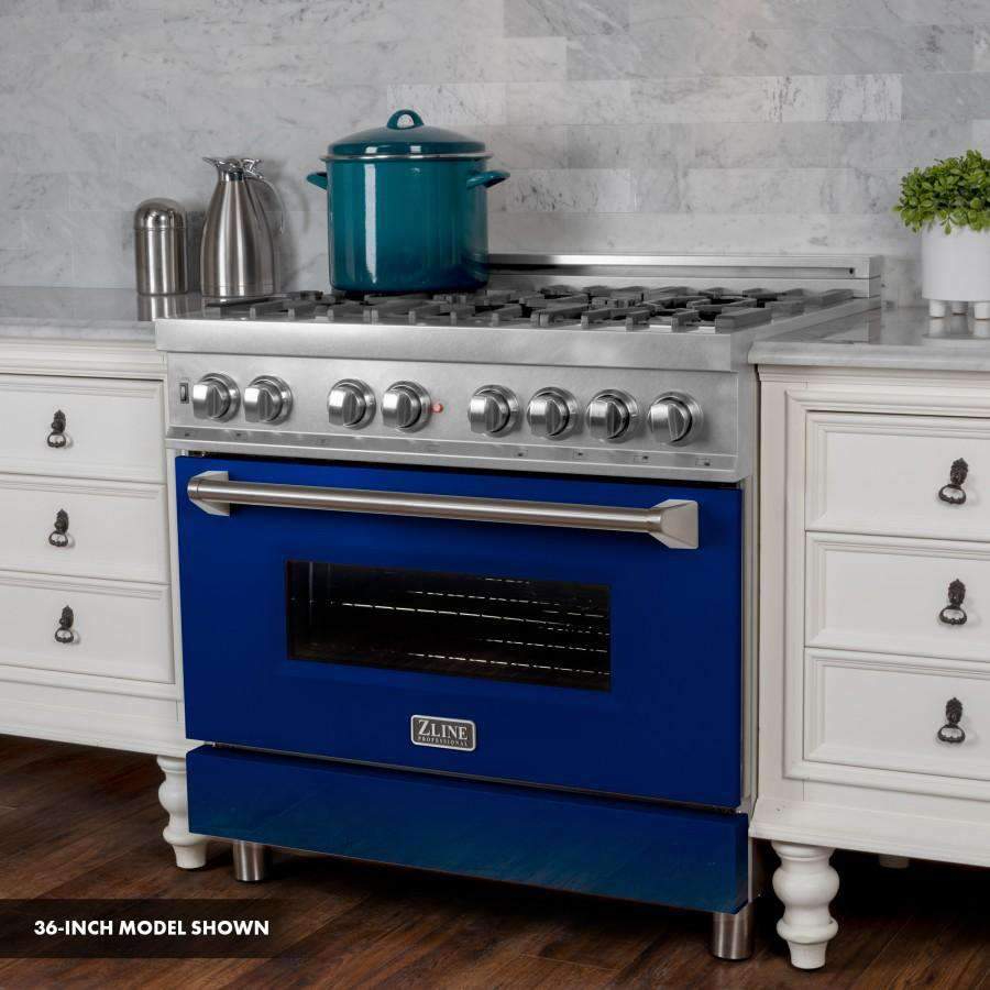 Dual fuel range with fingerprint-resistant stainless front, blue door, and metal control knobs