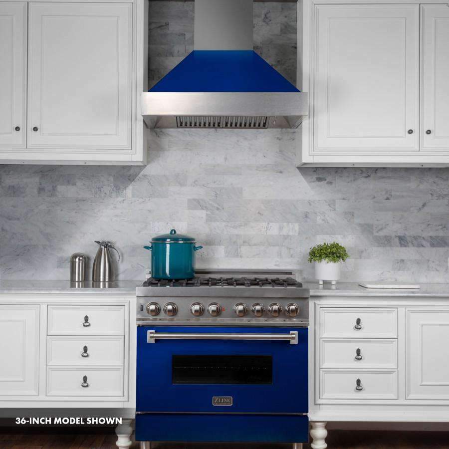 Dual fuel range with stainless cooktop, blue oven door, and range hood above