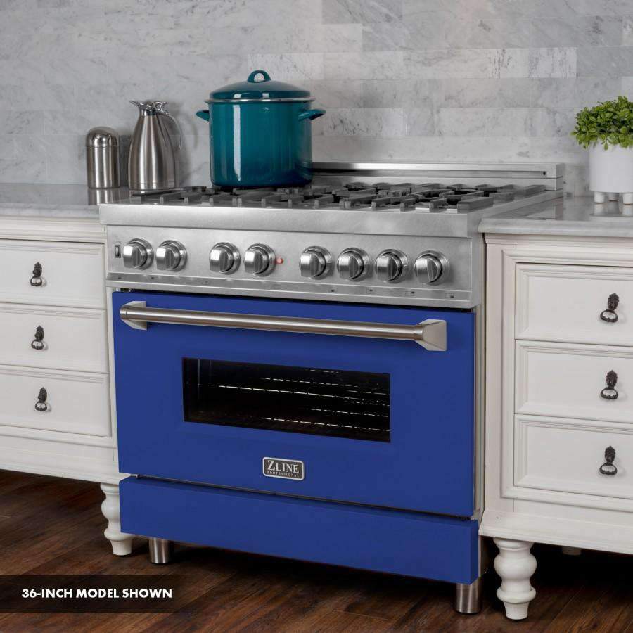Dual fuel range with blue matte oven door, stainless oven window, and knob controls
