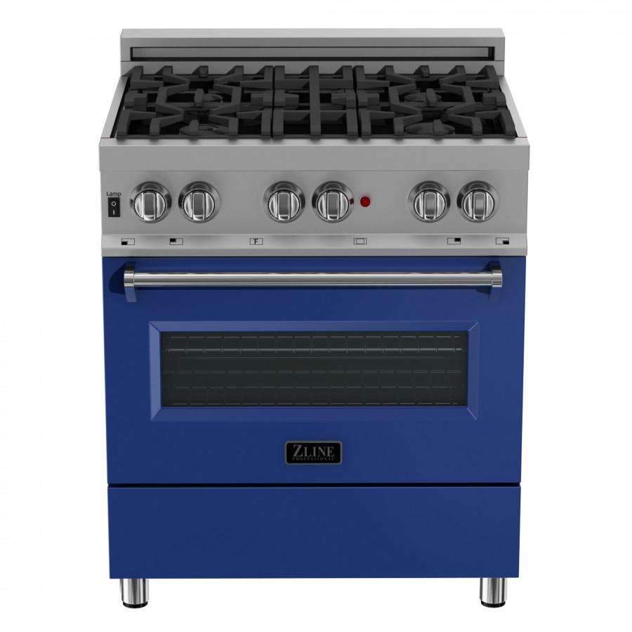 Freestanding dual fuel range with stainless cooktop grates and blue matte oven door