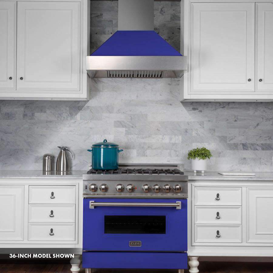 30-inch dual fuel range with blue matte door, satin stainless control panel, gas burners