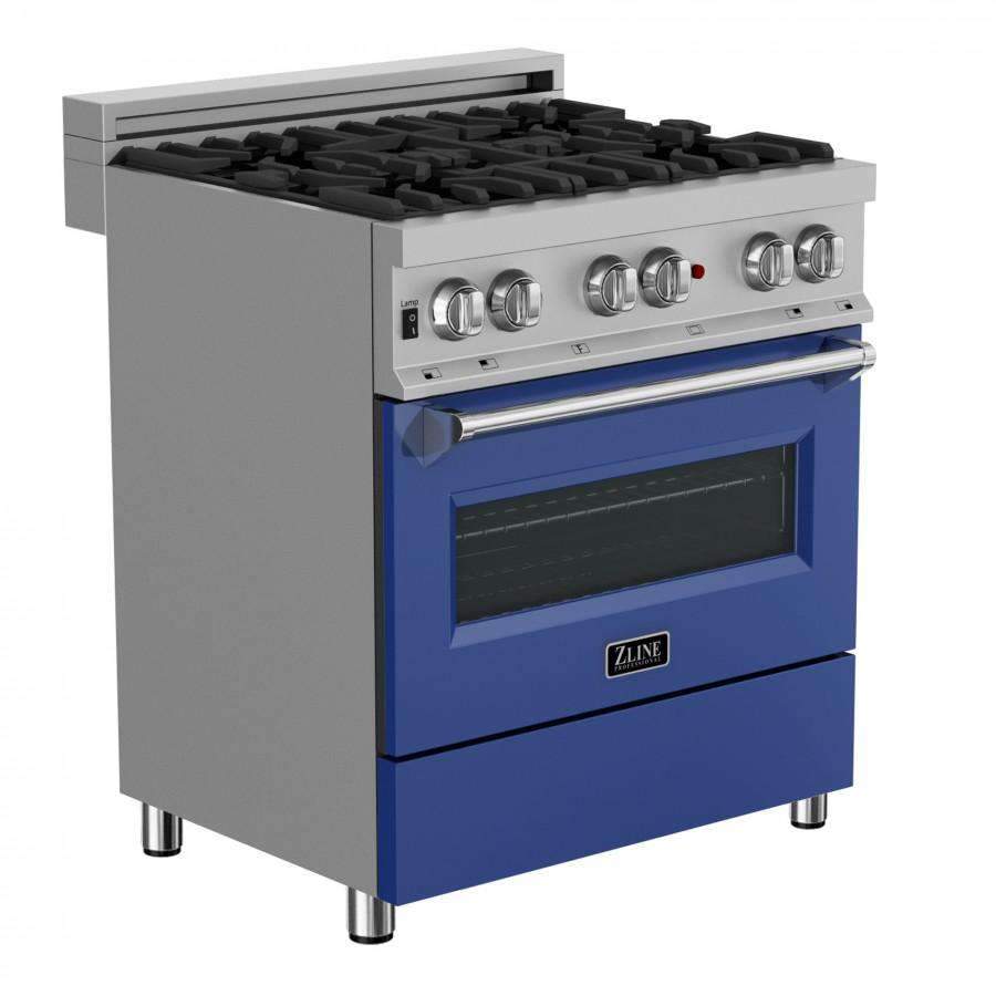Dual fuel range side view with stainless control knobs, blue oven door, and vented top