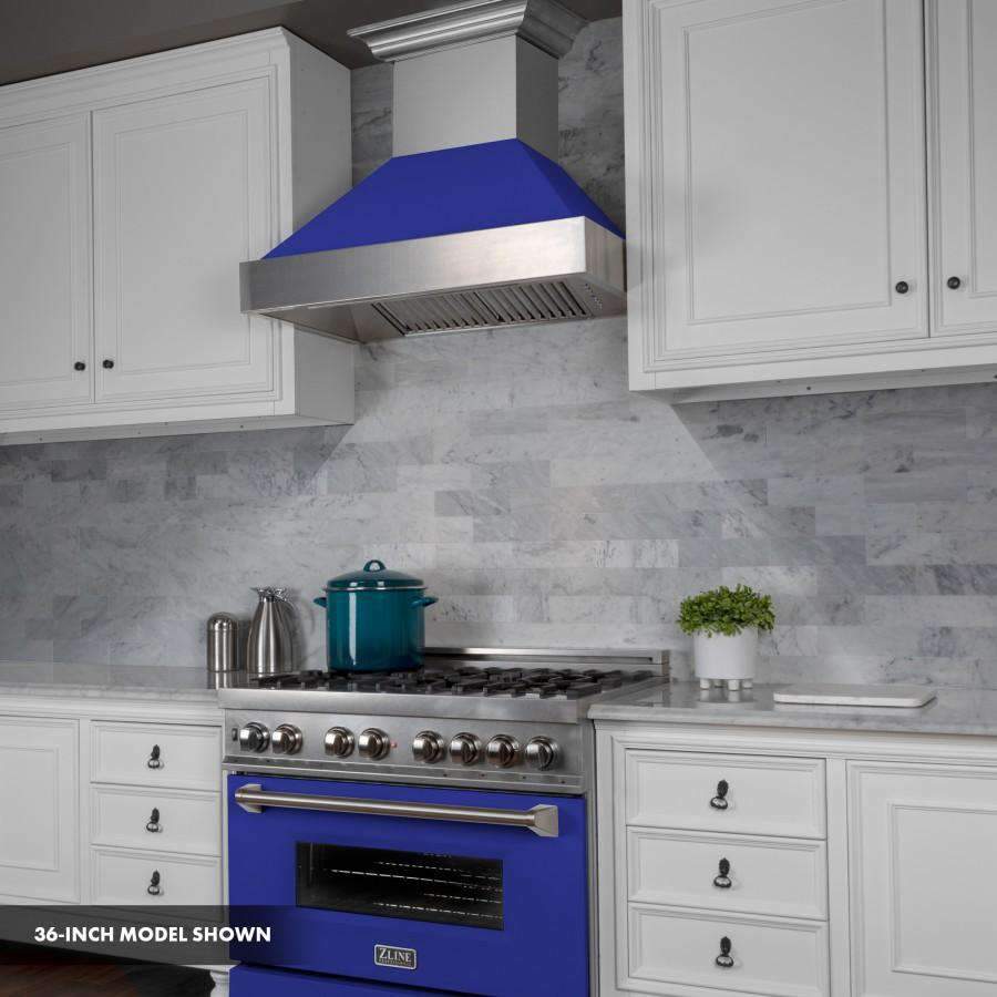 Stainless steel dual fuel range with blue oven door and black glass oven window