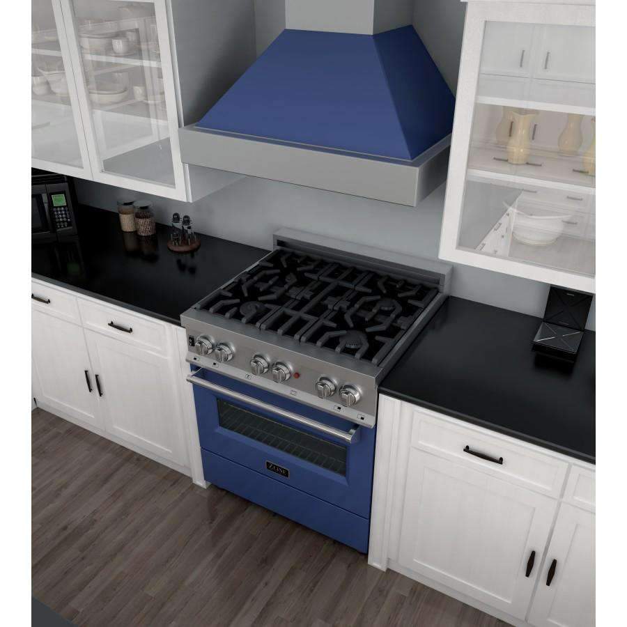 Dual fuel range with blue matte oven door and stainless control knobs