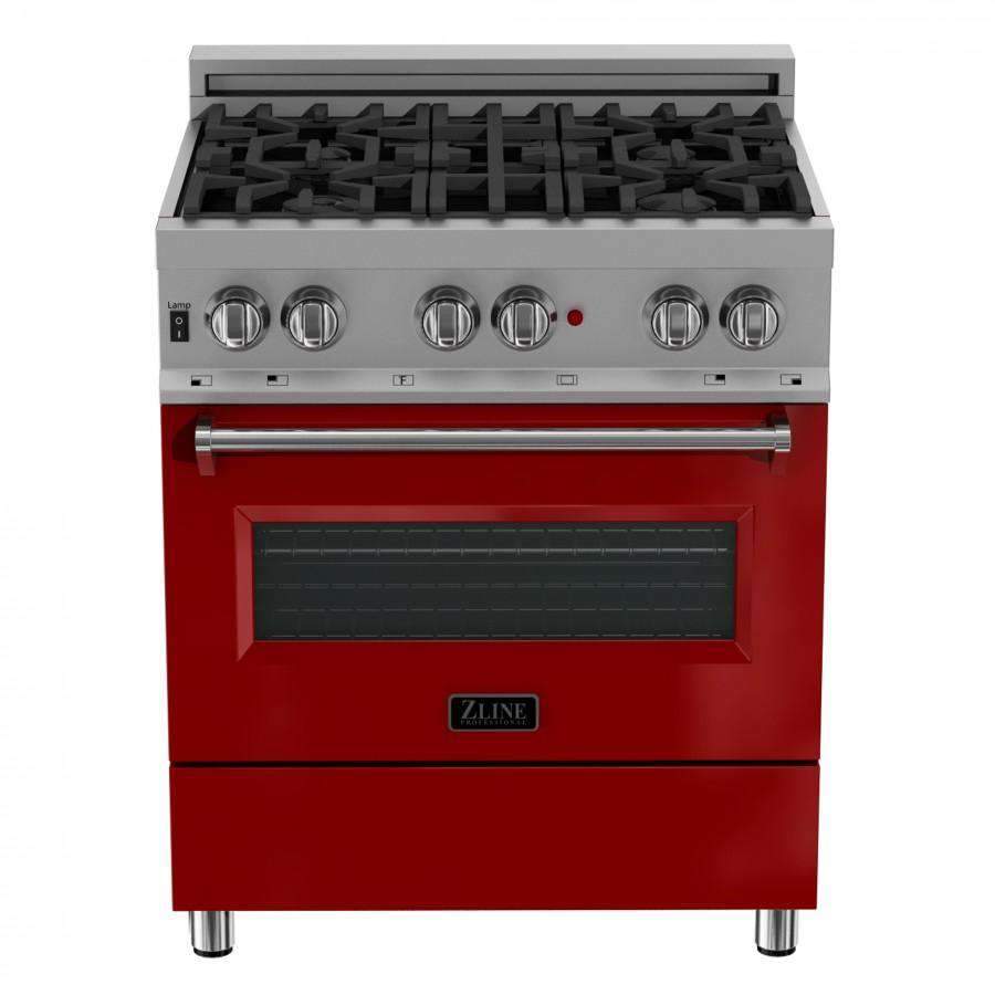 Dual fuel range front view with stainless control knobs, black oven window, and red door