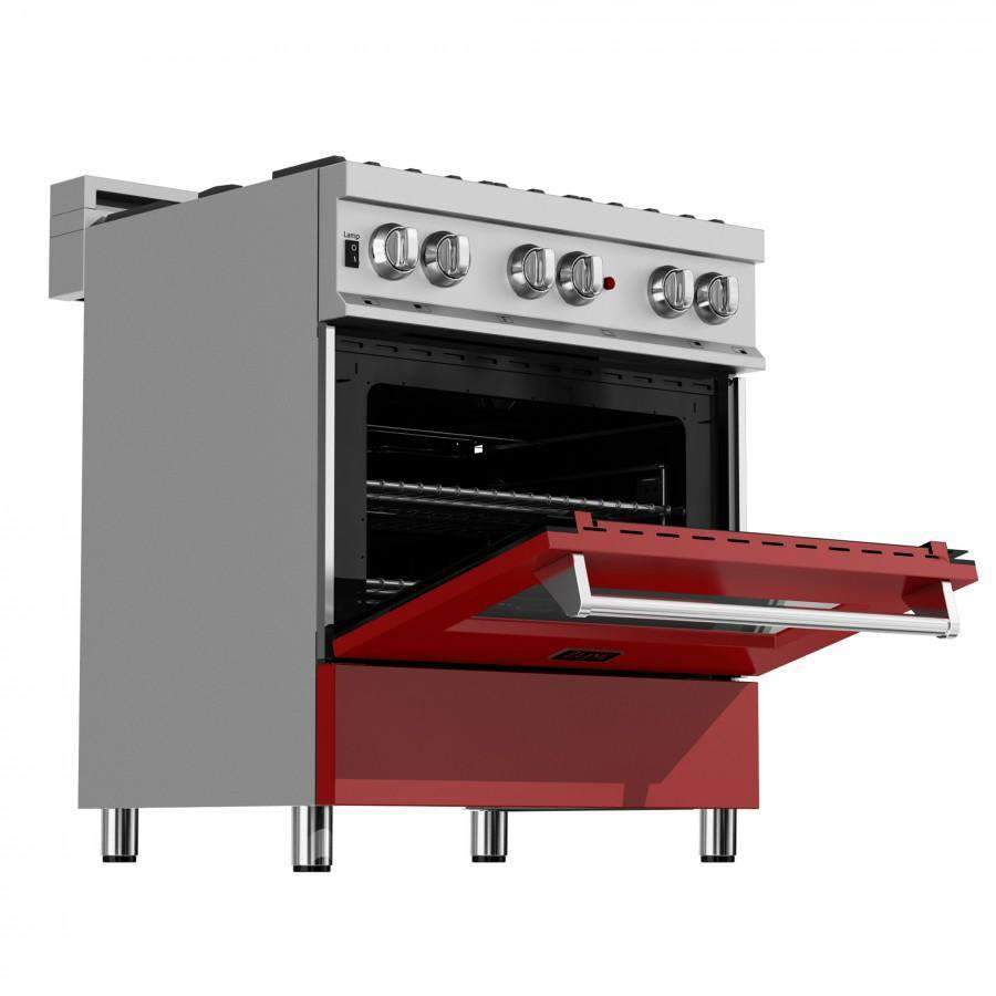 Dual-fuel range with open oven door, showing red interior panel and rack