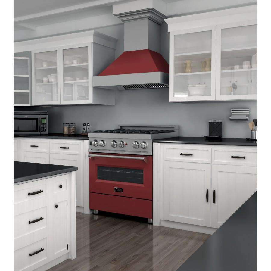 Dual fuel range with satin stainless cooktop and red matte oven door