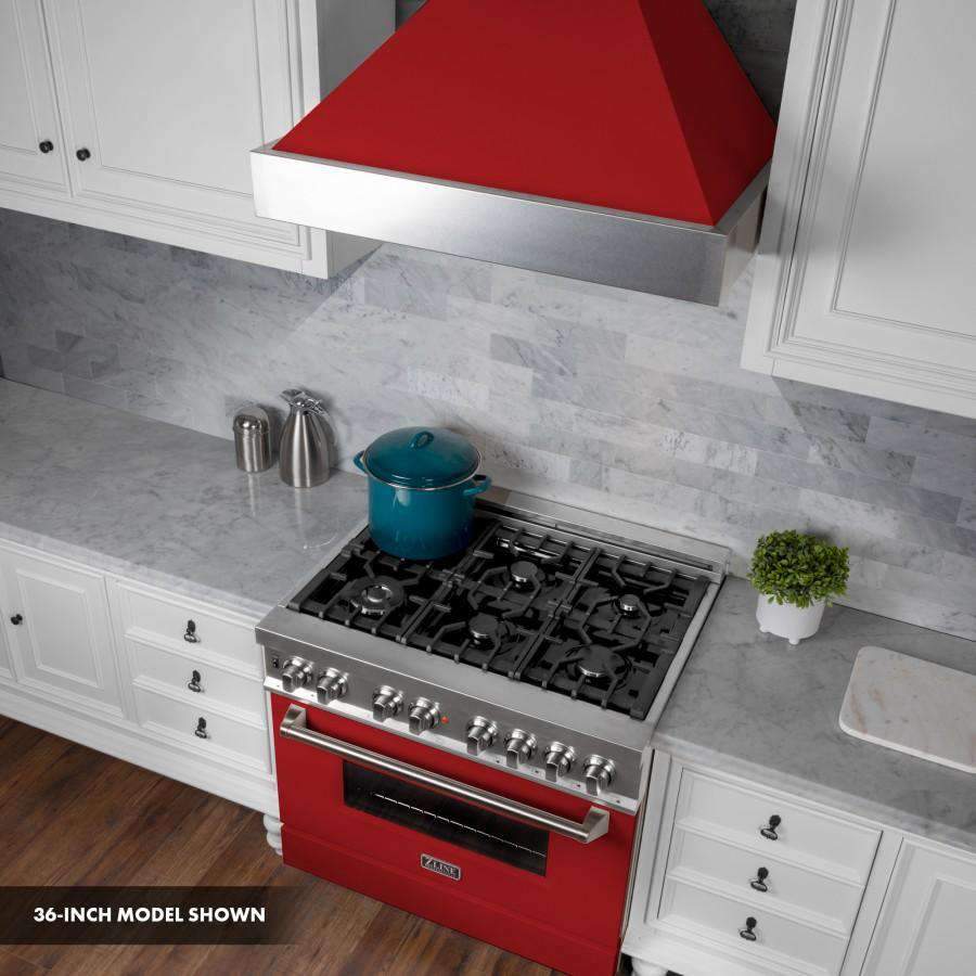 Stainless steel and red dual-fuel range with black grate cooktop and pot