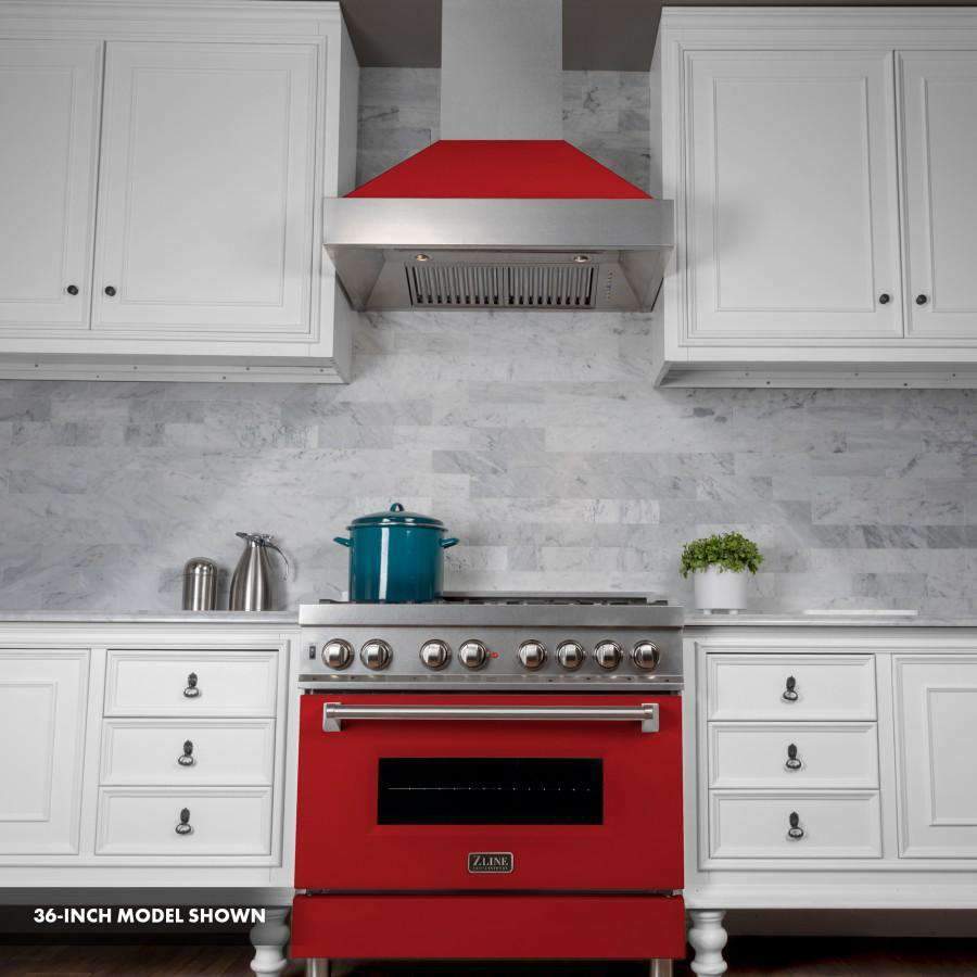 Dual fuel range in satin stainless with red matte oven door and burner knobs