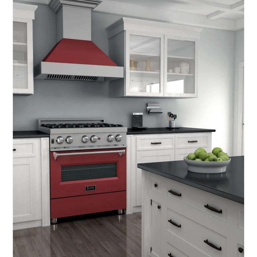 Dual fuel range, satin stainless steel with red matte oven door and control knobs
