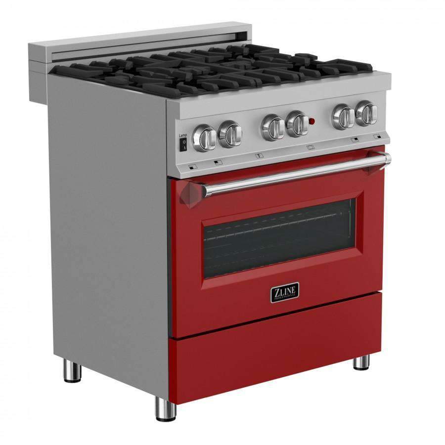 Stainless steel dual-fuel range with red oven door and front control knobs