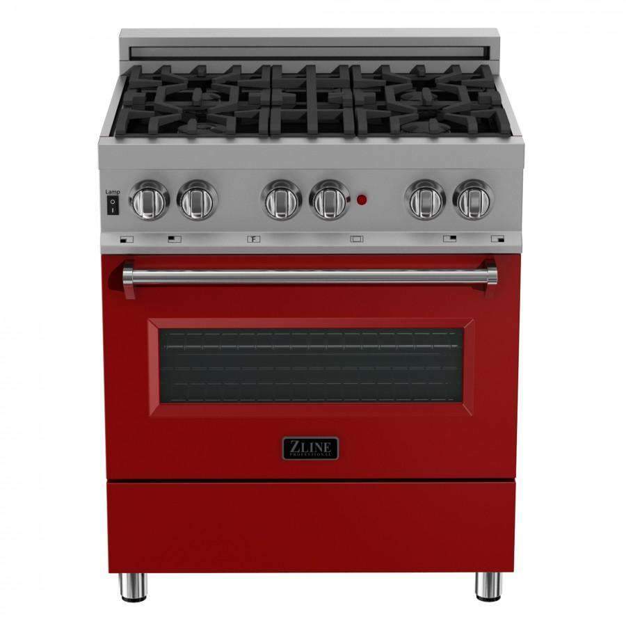 Stainless steel and red dual-fuel range with black grate cooktop and oven window