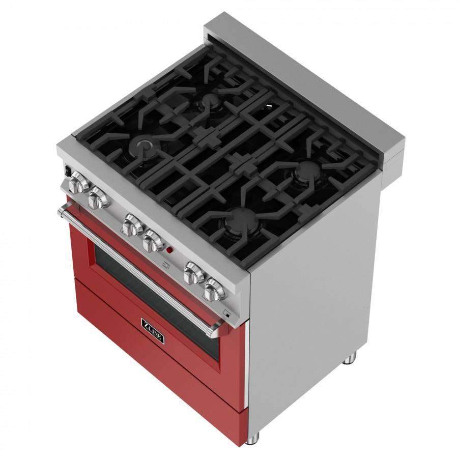 Stainless steel and red dual-fuel range side view with open drawer