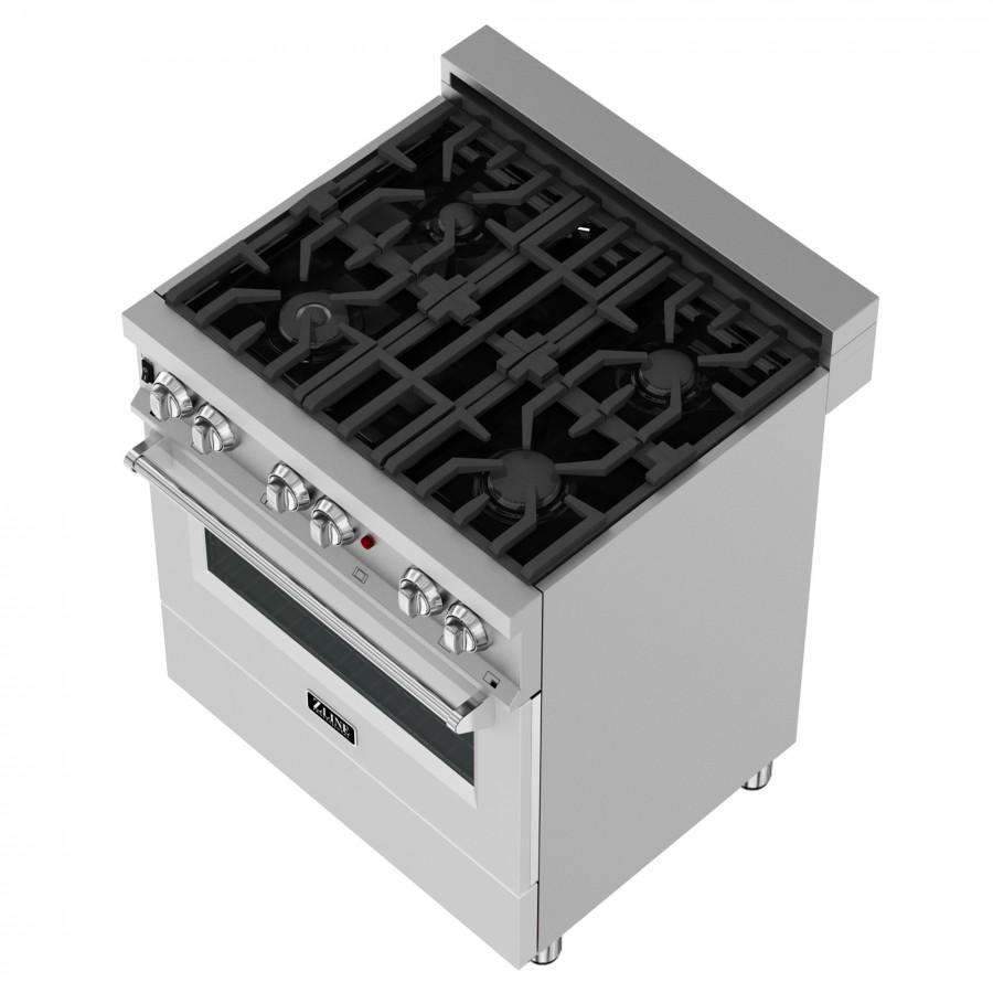 Dual fuel range with black cast-iron grates, stainless control knobs, and white body.