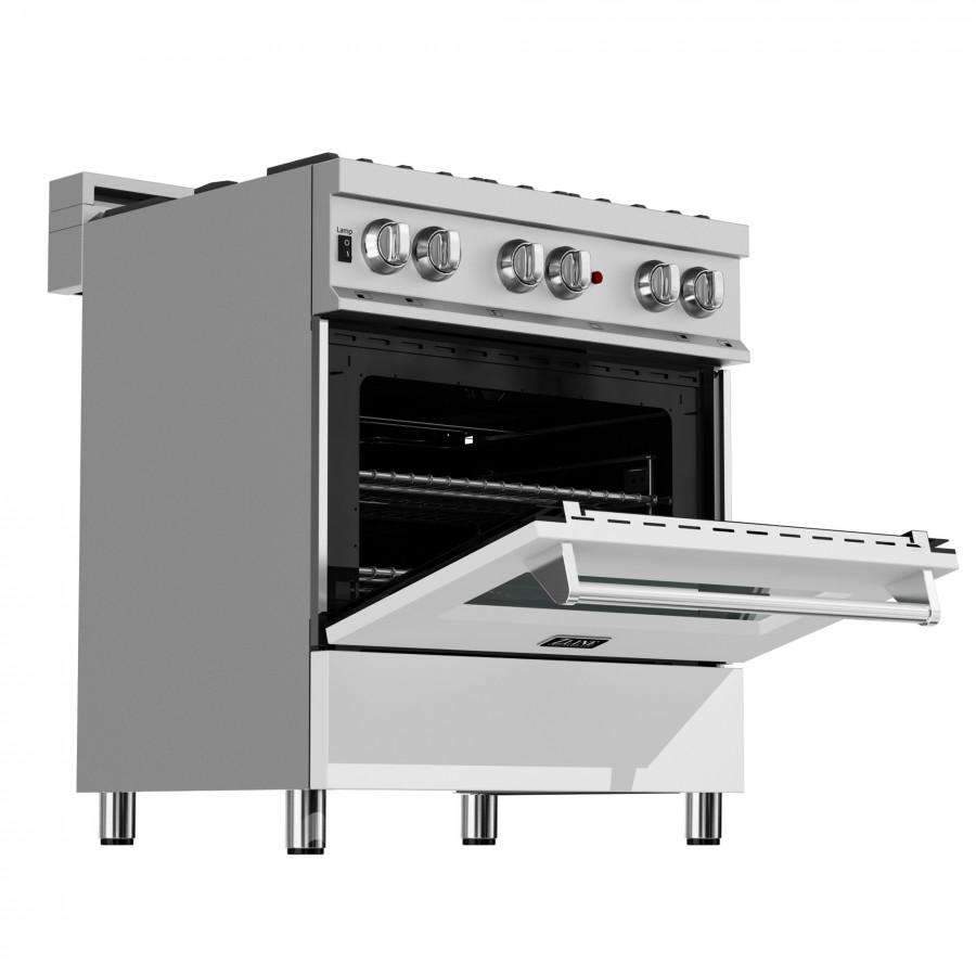 Dual fuel range with open oven door, stainless control panel, and white matte exterior.