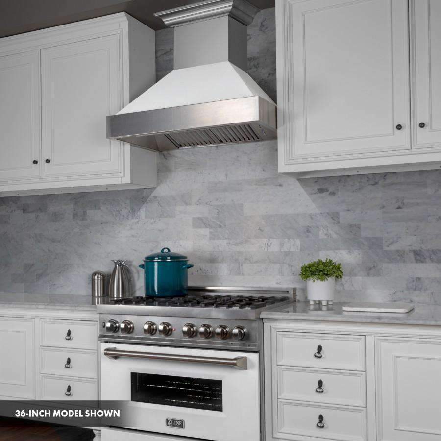 Dual fuel range with stainless cooktop grates, white matte oven door, and metal vent hood.