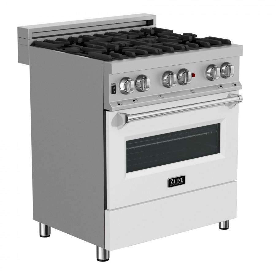 Dual fuel range with stainless cooktop grates, round knob panel, and white matte oven door.