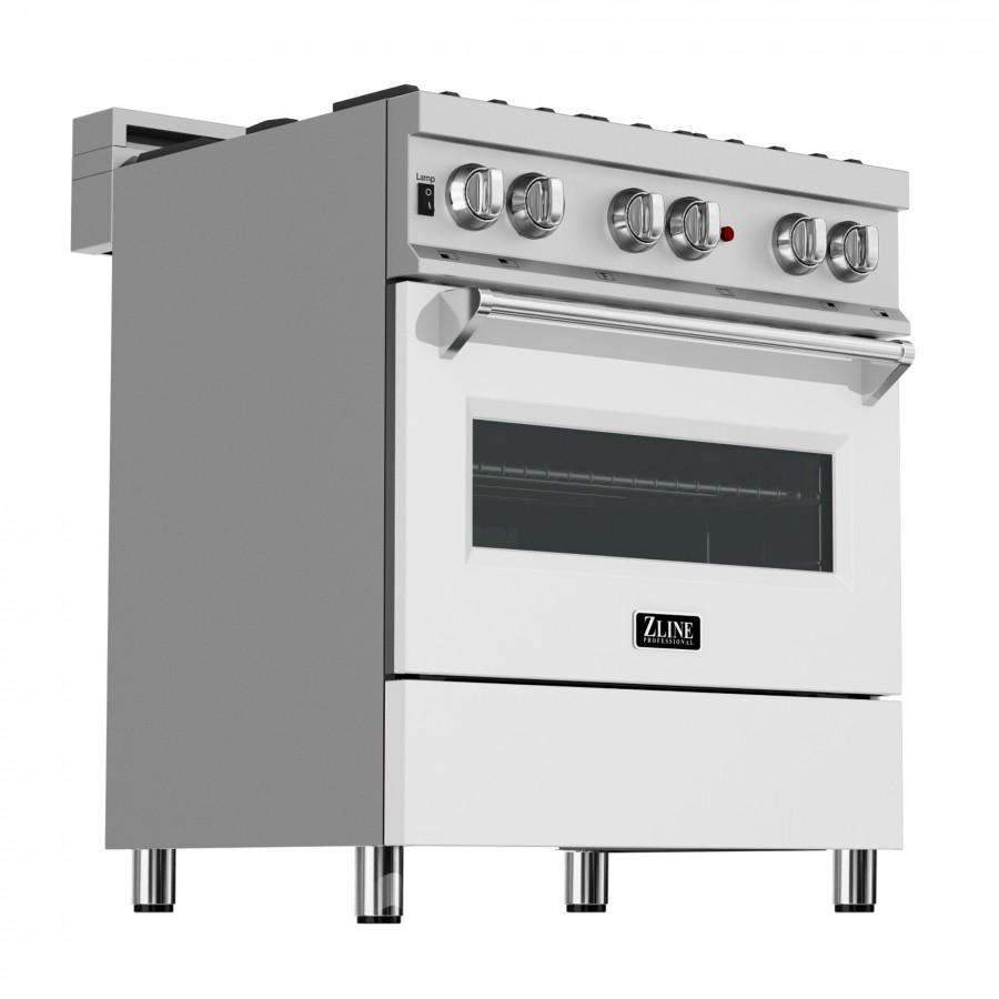 Dual fuel range with stainless steel cooktop and white matte door, front control knobs