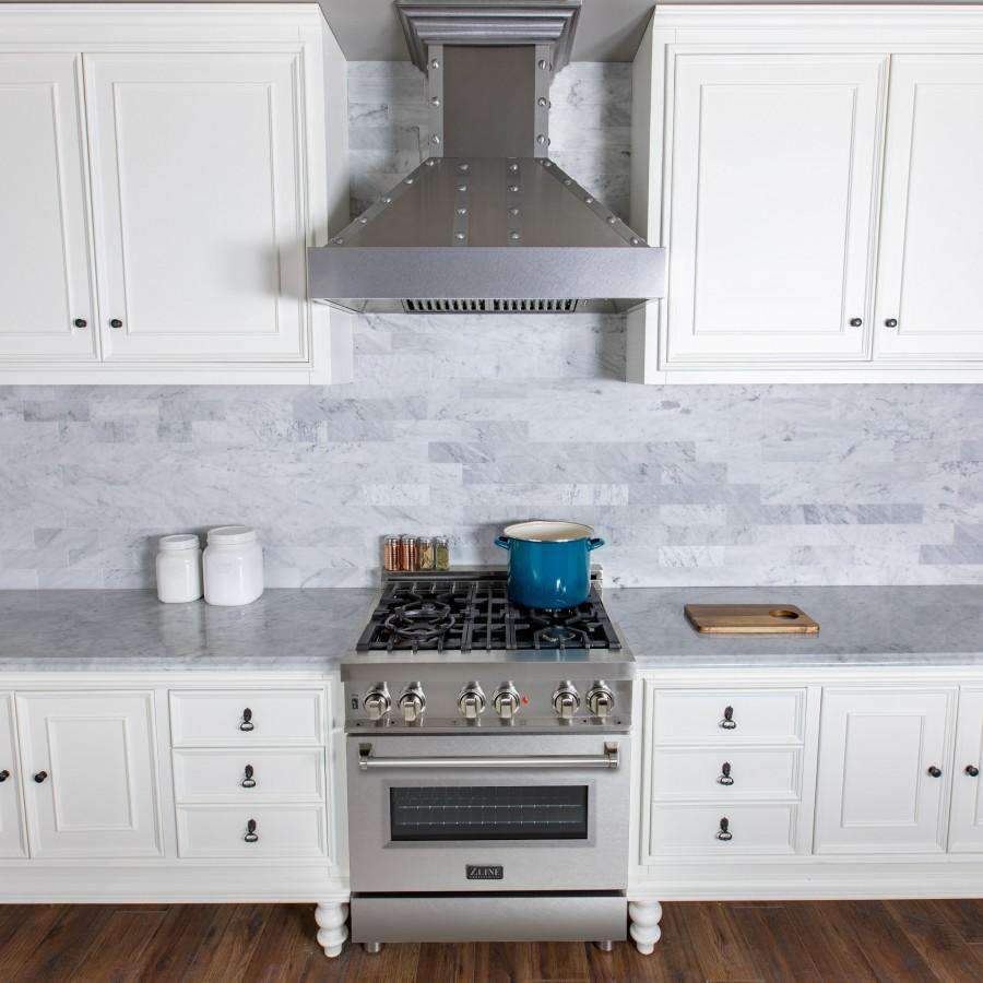Stainless steel dual fuel range with cooktop burners and closed oven door