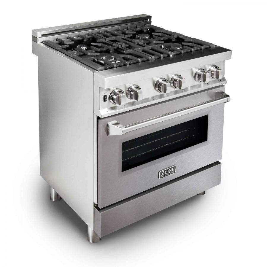 Stainless steel dual fuel range with cooktop burners and glass oven door