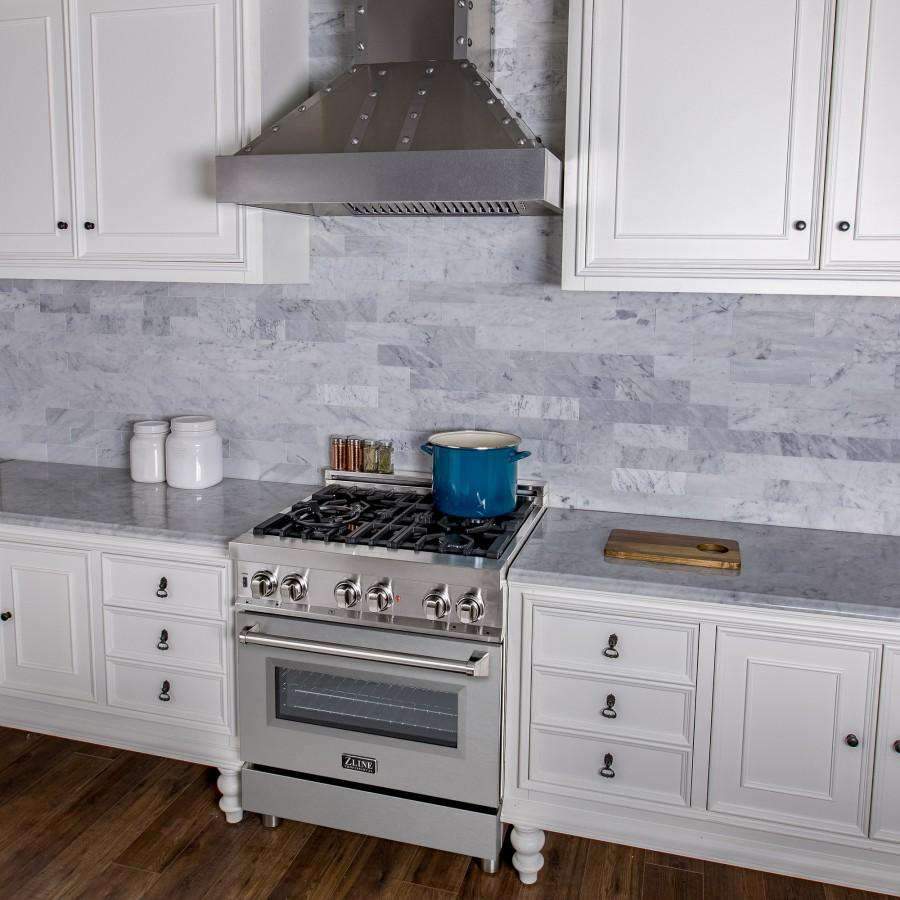 Stainless steel dual fuel range with cooktop burners and closed oven door