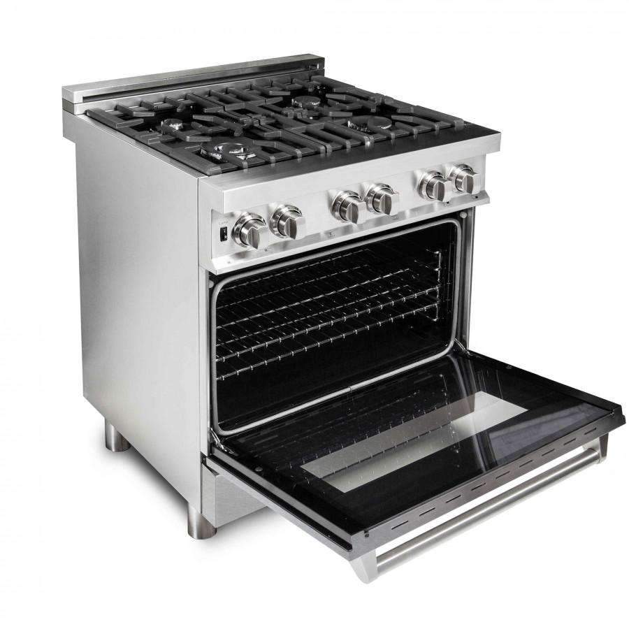 Stainless steel dual fuel range with open oven door and control knobs