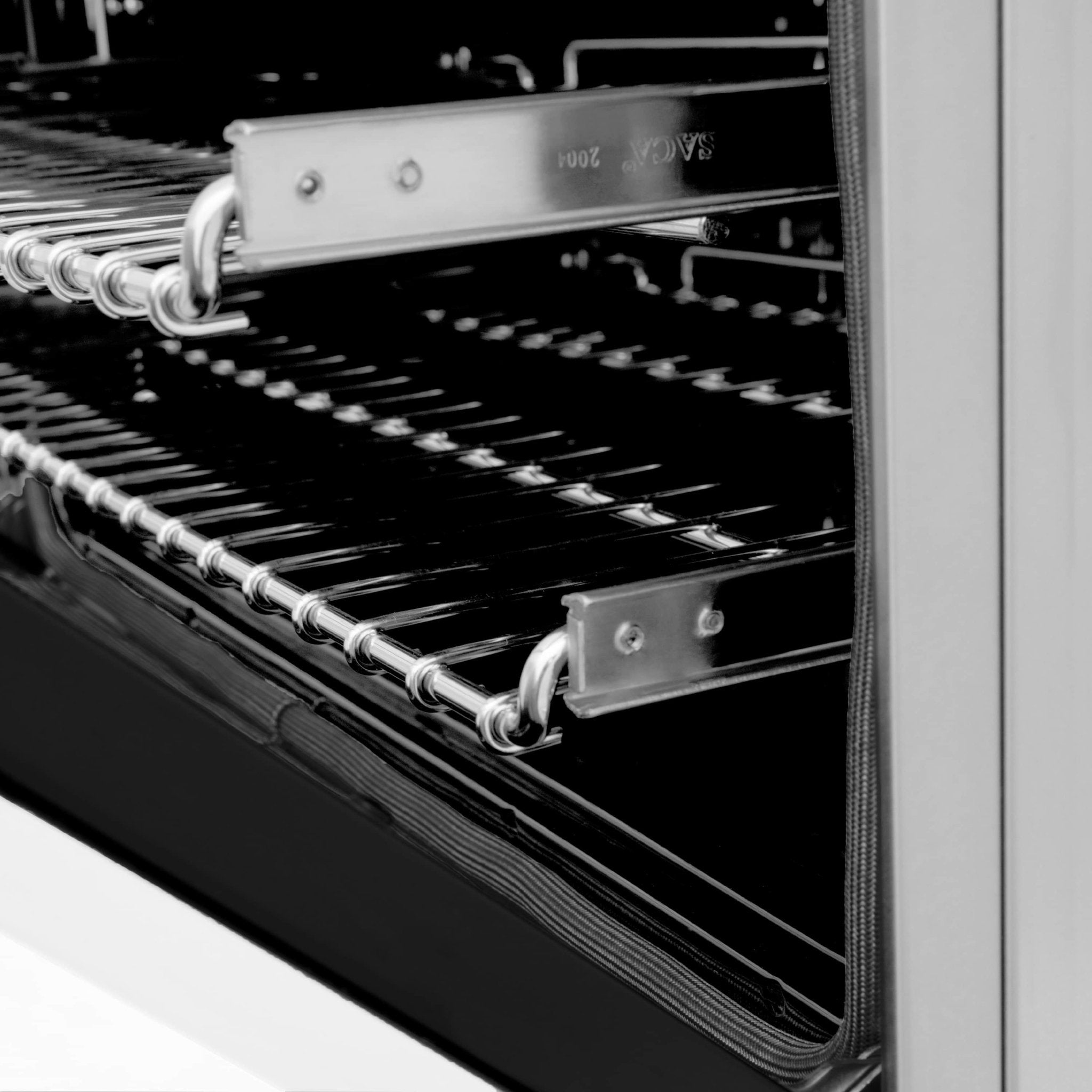 Dual fuel oven interior with metal racks and heating element
