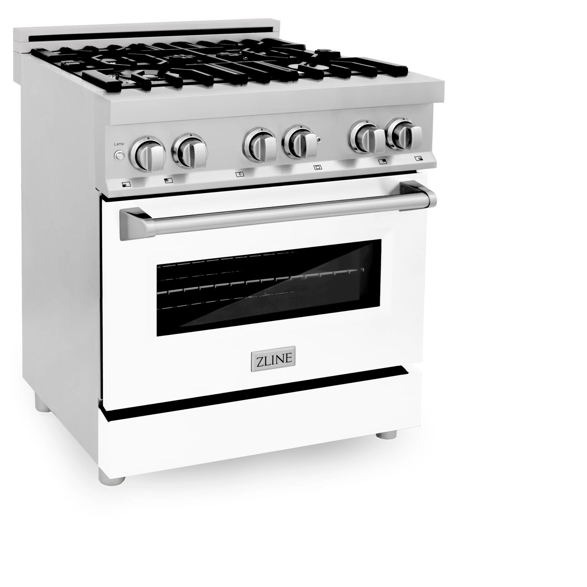 White dual fuel range with black cooktop and control knobs