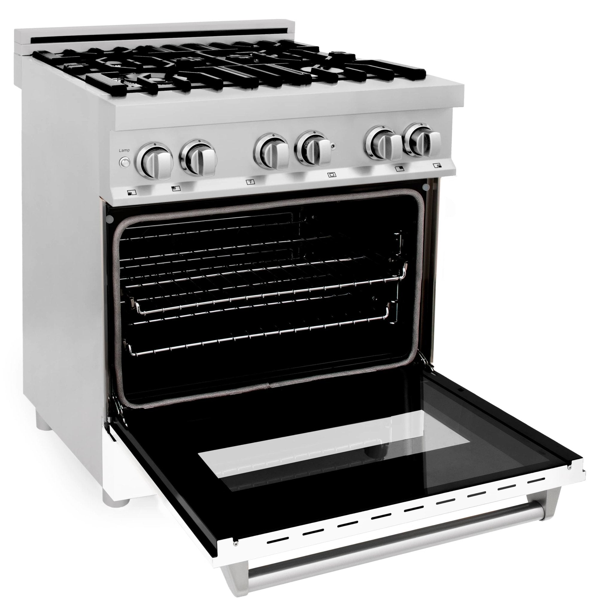 30-inch dual fuel range with white matte door and open oven drawer