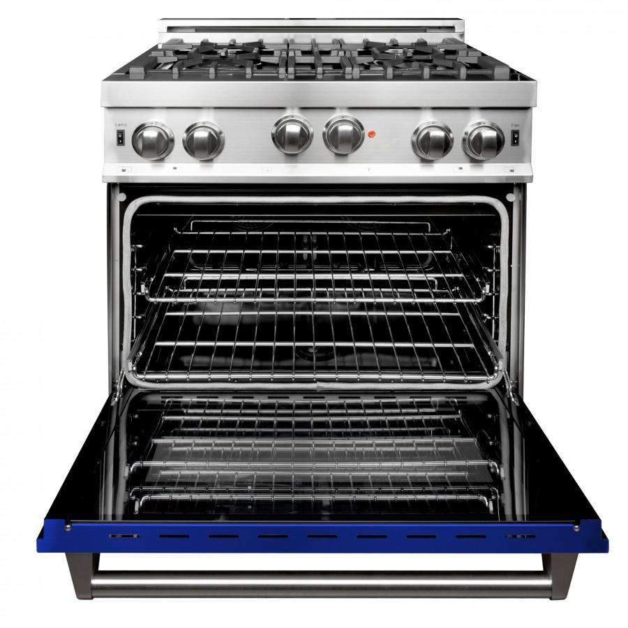 Stainless gas range with open oven showing racks, black cooktop grates, blue panel