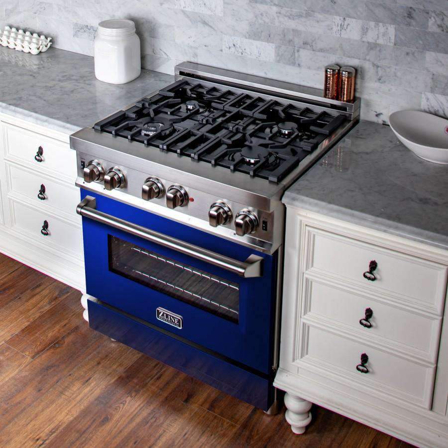 Stainless gas range with black grates, blue glossy oven door, and control knobs