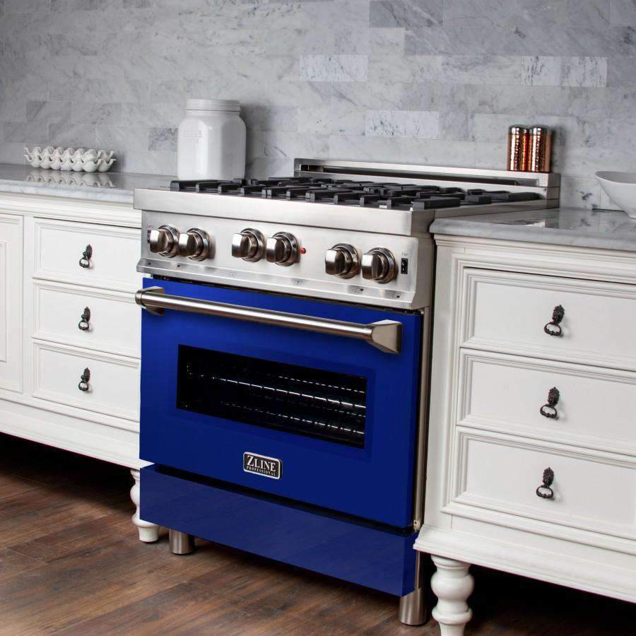 Stainless gas range with blue oven door, black burner grates, and metal control knobs
