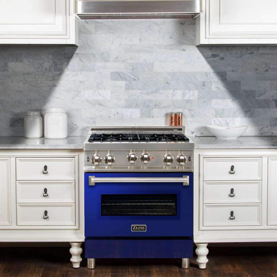 Stainless gas range with blue oven door and black burner grates, front control knobs