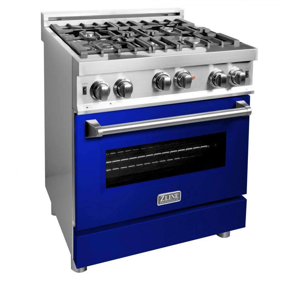 Stainless gas range with blue oven door and black cooktop burners, front control knobs