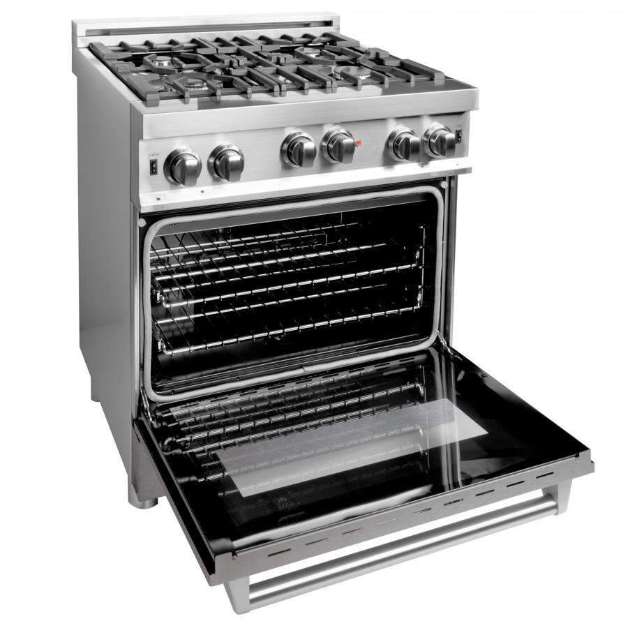 Stainless steel gas range with open oven door, racks, and removable drip tray