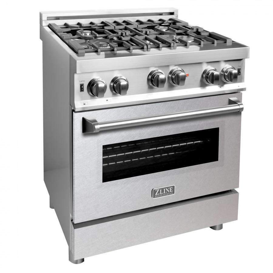 Stainless steel gas range front with black burner grates, control knobs, and oven window