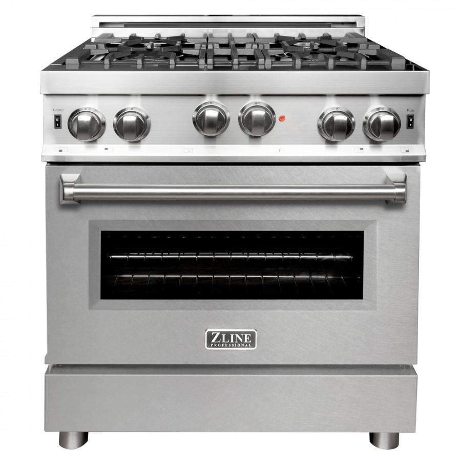 Stainless steel gas range with burner grates, control knobs, and oven window