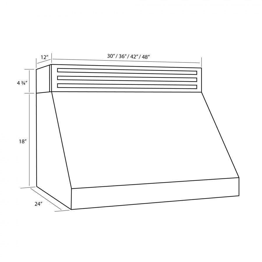 Stainless under-cabinet range hood with vent grille and side dimensions diagram