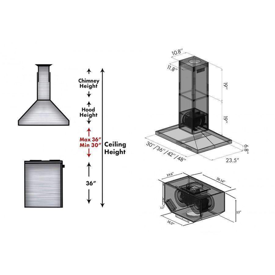 Island range hood dimension diagram showing maximum ceiling height and unit sizes