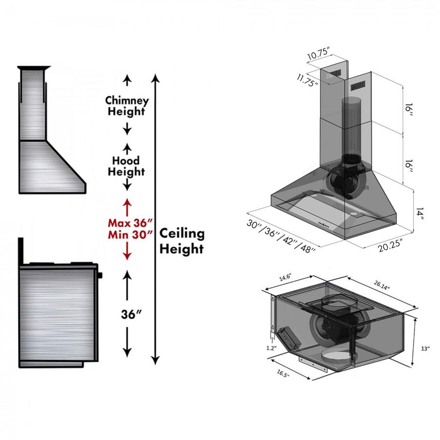 Wall range hood installation diagram with duct route and ceiling height measurements