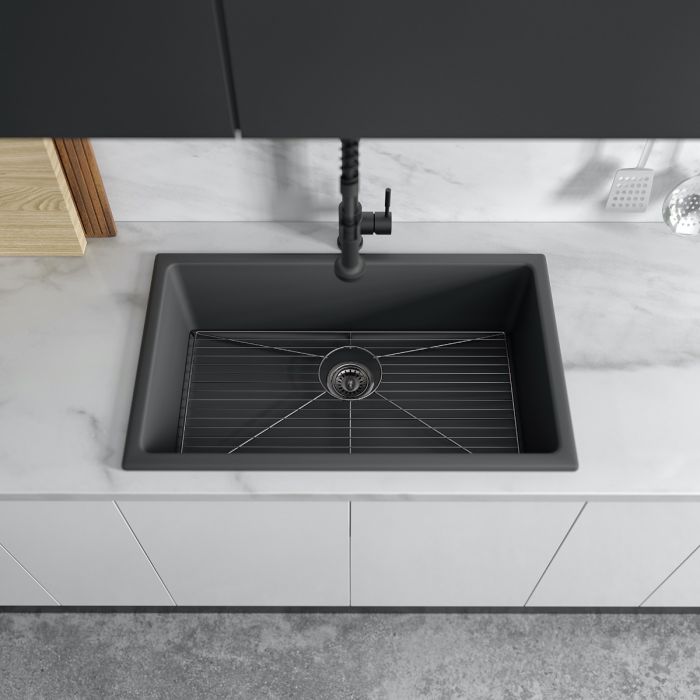 Charcoal single-bowl fireclay sink with bottom grid and drain