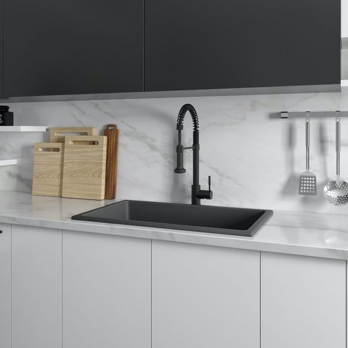 Charcoal single-bowl kitchen sink with curved spout faucet
