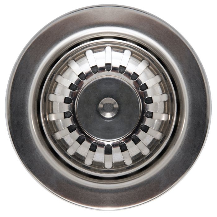 Close-up of stainless sink drain strainer in charcoal basin