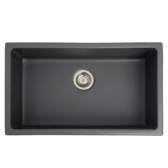 Charcoal fireclay kitchen sink with stainless drain and overflow opening