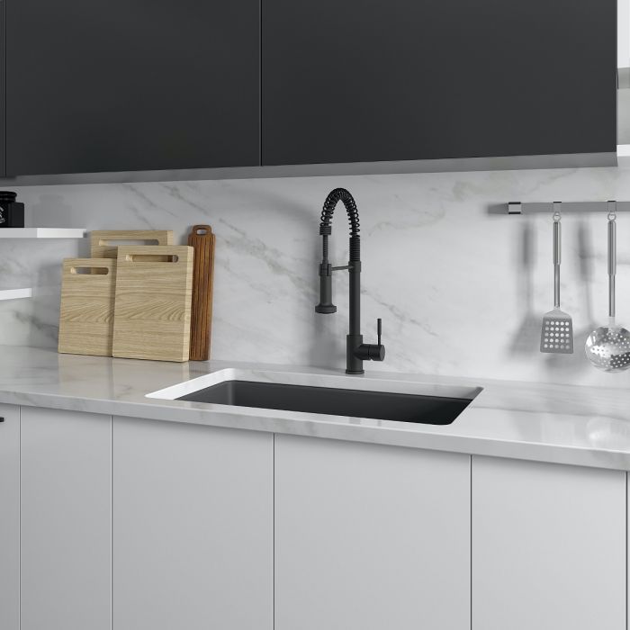 Charcoal single-bowl kitchen sink installed in a modern kitchen