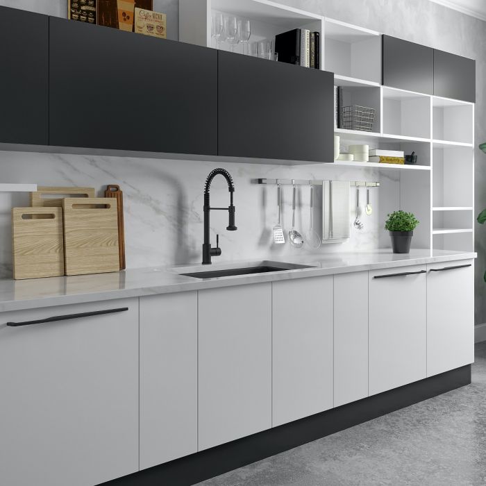 Charcoal single-bowl kitchen sink installed with dual-mount faucet