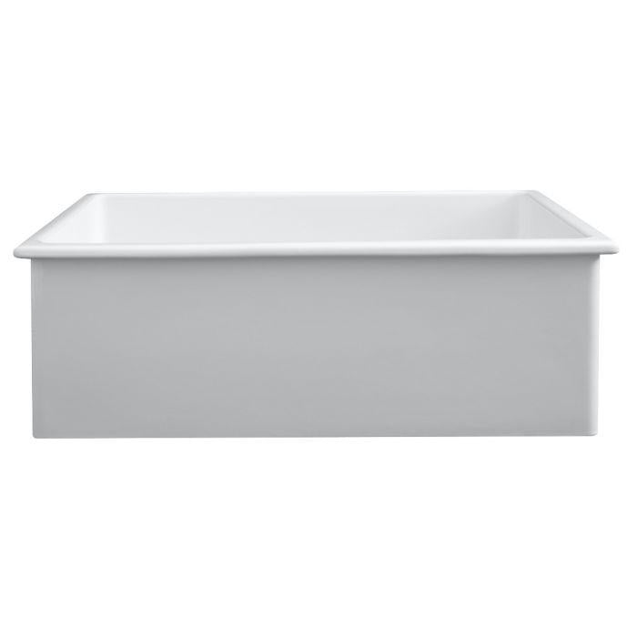 White fireclay single-bowl kitchen sink with rectangular rim, glossy finish.