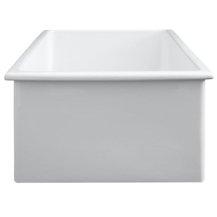 White fireclay single-bowl kitchen sink with rectangular top opening and flat rim