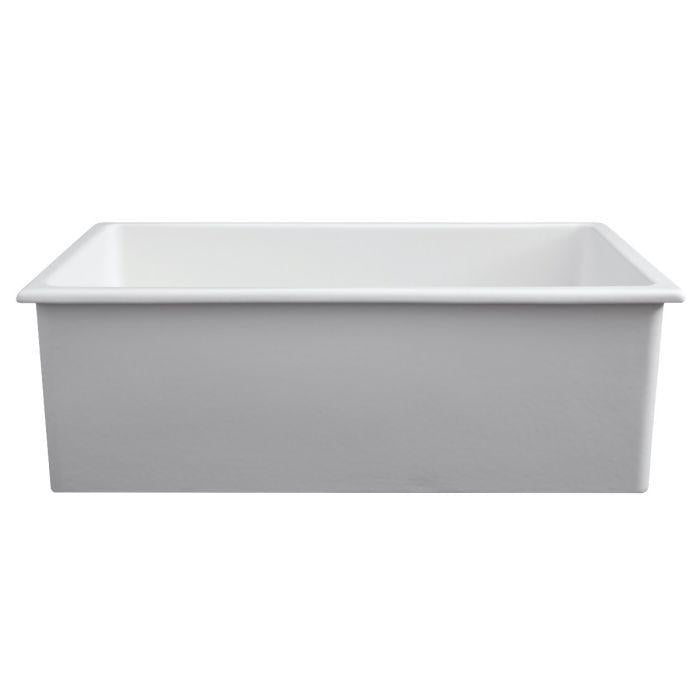 Matte white rectangular fireclay sink with clean apron front edge