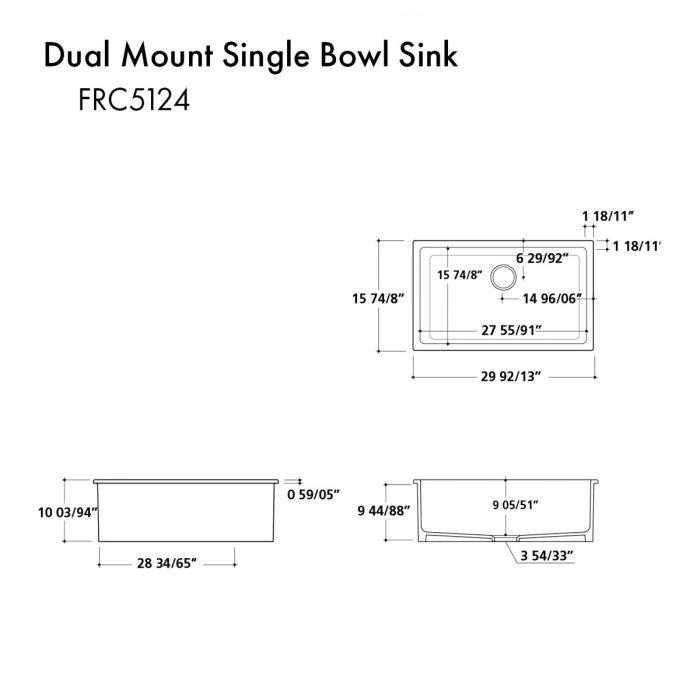 Dual mount single-bowl sink dimensions diagram with labeled measurements